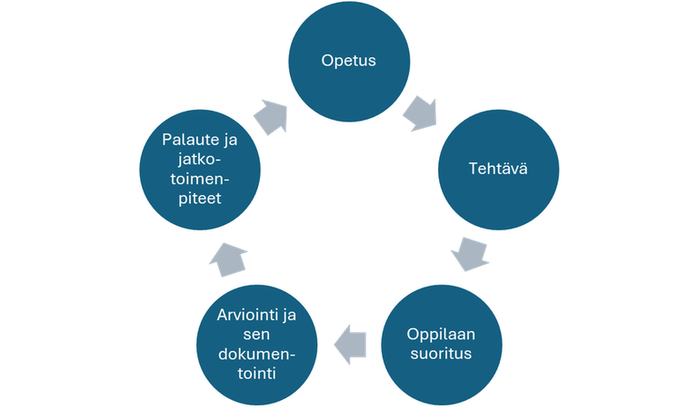 Bygga svenska -materiaalin (2017, s. 11) tapa kuvata opetuksen, arvioinnin ja tuen syklisyyttä. Kirjoittajien suomentama (Marjokorpi & Väätäinen 2024a, s. 65).